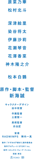 原作・脚本・監督：新海誠　キャラクターデザイン：田中将賀　作画監督：土屋賢一　美術監督：丹治匠